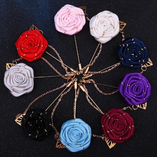 Mens women Gold leaves Handmade Fabric Camellia Flower Brooch Pin With chain XZ007