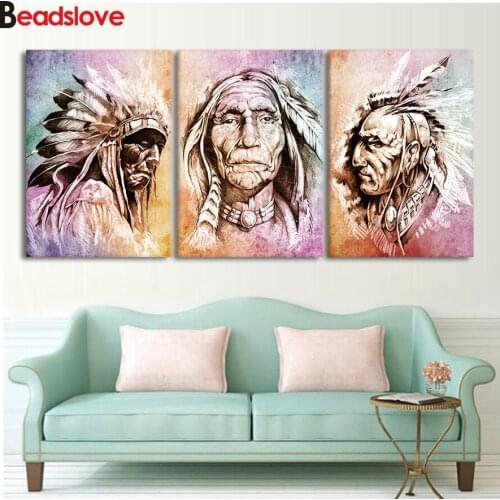 5d diy diamond Painting Full Indigen warrior tribe Chief feather Diamond embroidery art Pictures for Living Room 3pcs Decor