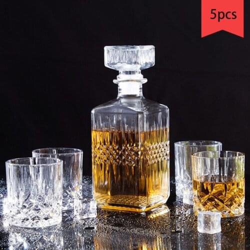 Set of 5pcs High Quality Glass Decanter Cup Set Household Wine Set Red Wine Glass Liquor Cup Beer Cup, Glass-021