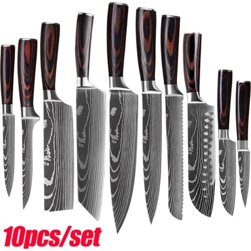 10pcs Damascus Kitchen Knife Set Laser Pattern Professional Chef Knives 440C Stainless Steel