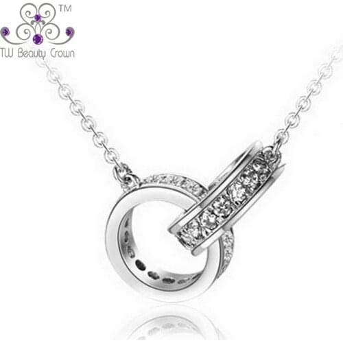 Genuine 925 Pure Sterling Silver Elegant Two Twin Circle Cubic Zirconia Charms Pendant Necklace For Women Lady Fashion Jewelry