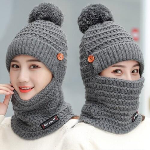 Women Beanies Hat Girl Winter Thickening Windproof Warm Cap Bicycle Neck Ear Guard Sweet Pure Color Wool Knitted Lady Caps H7283