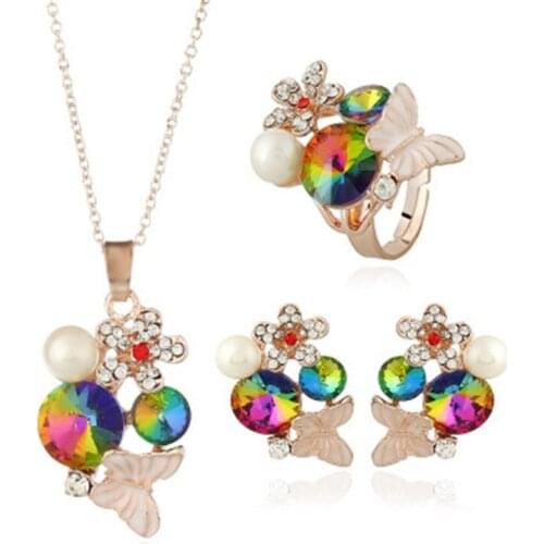 Fine Alloy Butterfly Crystal Jewelry Sets For Women Fashion Earrings Necklaces Rings Creative Insects And Flowers