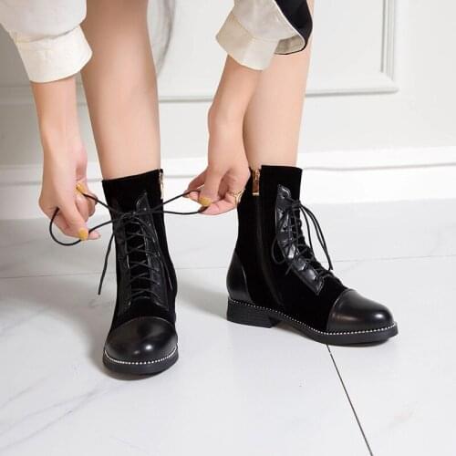 YQBTDL 2020 Autumn Winter Black Nubuck Suede Low Chunky Heel Cross Tied Design Biker Ankle Boots for Women Booties Ladies Shoes