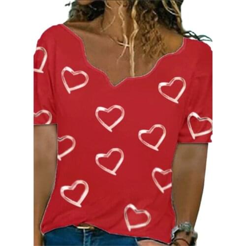Hearts Print Women Blouse Asymmetrical Neck Short Sleeve Pullover Summer Elegant Ladies Shirts Top Blusas
