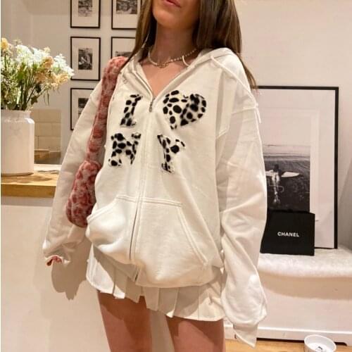 Fashion Tide Women Letters Printed Long Sleeves Zipper White Hoddies With Hats Sweet Stylish Girls Loose Sweatershirts Femme