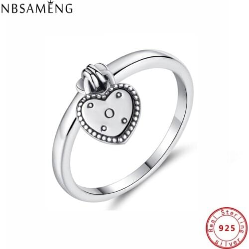 NBSAMENG 100% 925 Sterling Silver Ring Love Lock Finger Rings Heart Romance For Women Fit Original Pan Wedding Gift Jewelry