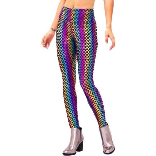 Sexy Woman Patent Leather Bootcut Leggings Rainbow Mackerel Scale Skinny Hip Hop Pants Club Fitness Perlage Trousers Streetwear