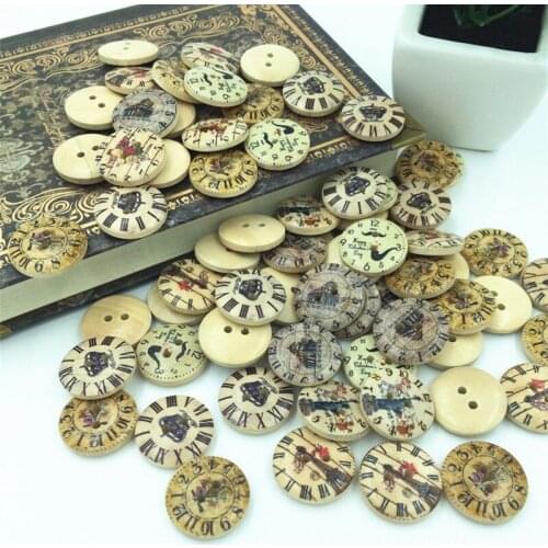 100pcs Free 2 Holes Mixed clock pattern Wooden Buttons Fit Sewing and Scrapbook 20mm