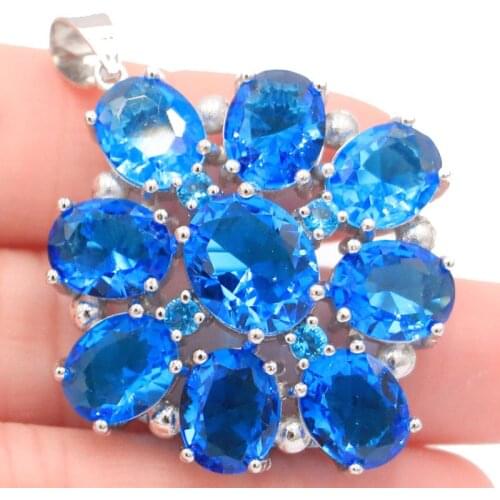 45x35mm Super Big European Design Created Paris Blue Topaz Pink Kunzite For Women Dating Silver Pendant Eye Catching