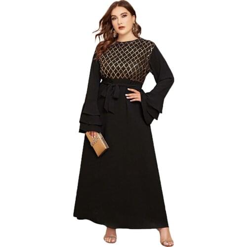 BianFeng Womens Muslim Embroidered Abaya Sequin Hijab Dress Long Trumpet Sleeve Plus Sleeve Chiffon Dress