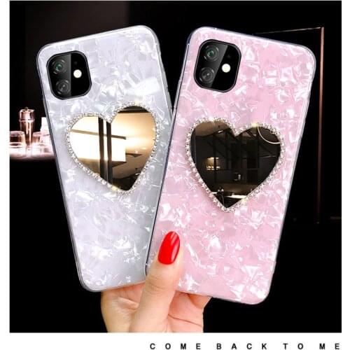 Fashion Cute Diamond Love Mirror Bling Shell Case Cover With Crystal Chain For iPhone 12 Mini XS 11 Pro MAX XR X 7 8 6S Plus SE