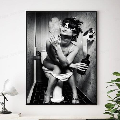 Black White Posters and Prints Sexy Girl Smoking Drinking Sits in a Toilet Canvas Painting Wall Art Woman Picture Home Design