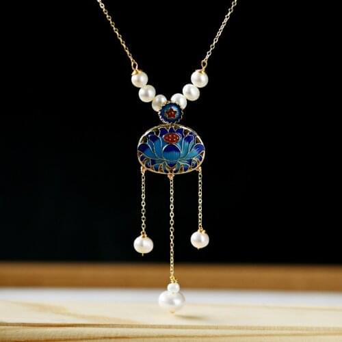 Ethnic Cloisonne Lotus Necklaces Vintage Pearl 14K Gold Filled Sweater Colored Glaze Chain Women Pendant Necklace Jewelry Gift