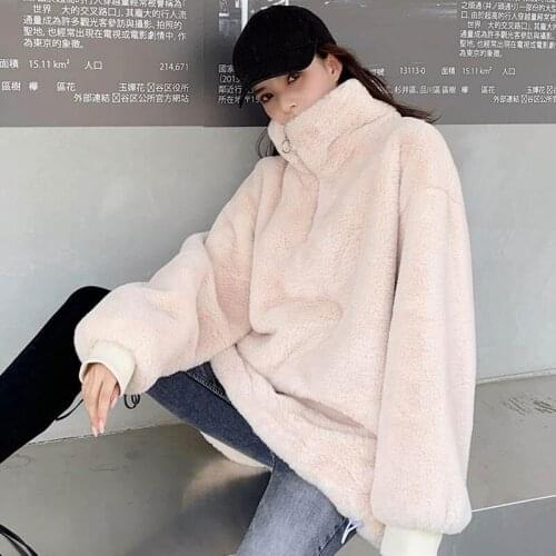 JuneRain Turtleneck Furry Sweatshirt Women Winter Casual Plush Faux Fur Coat Vintage Thick Korean Zipper Keep Warm Hoodies Tops