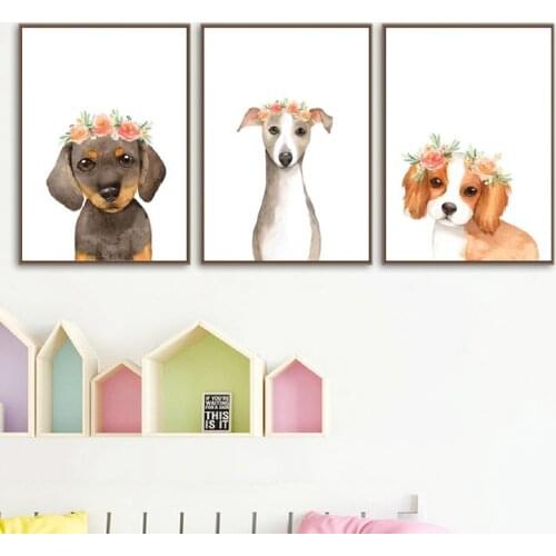 Puppy Floral Crown Dogs Watercolor Canvas Poster Nursery Wall Art Print Painting Rottweiler and Greyhound Pictures Home Decor