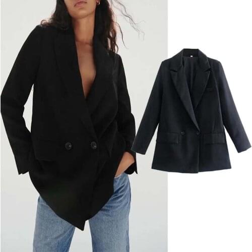 Klkxmyt Za Blazer Women 2021 Fashion Double Breasted Loose Blazers Woman Coat Vintage Long Sleeve Flap Pocket Female Suit Jacket
