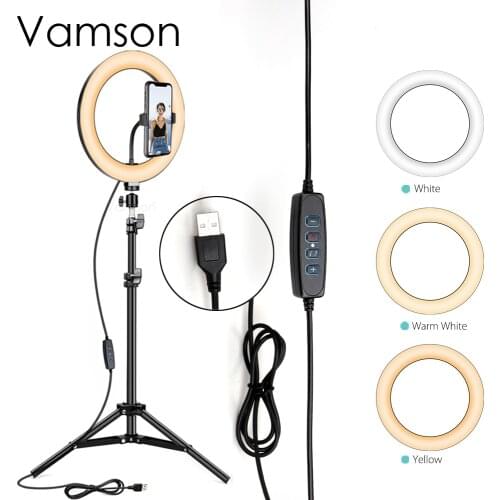 Vamson 10" Selfie Ring Light with Adjustable Tripod Stand, 3 Modes 10 Brightness Levels LED Ring Light Steaming VLS11B