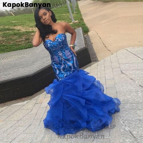 Royal Blue Sweetheart Lace Applique Ruffle Organza Mermaid Prom Dresses Long Party Gown Custom