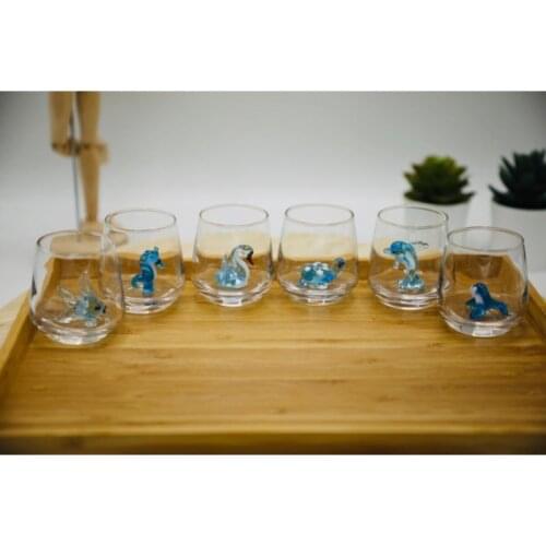 3D Animal Figured 6 Pcs Coffee Side Tumbler Set Handcrafted Dolphin Seal Sea Horse Swan Fish Turtle Ocean World Shot glass 95ml