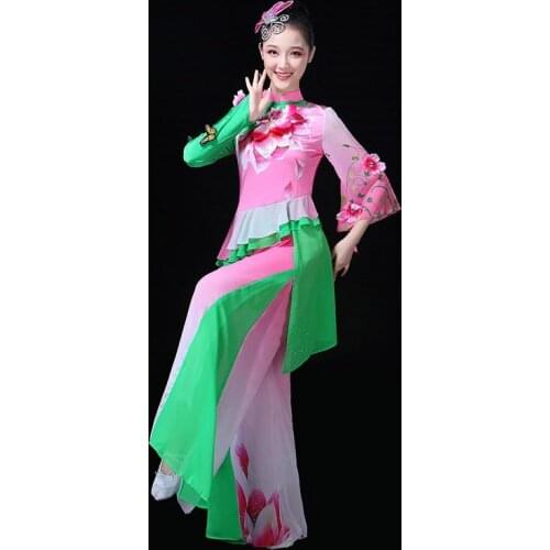 Wholesale Chinese Fan Dance Costume Chinese Collar Yangko Dance Costume Butterfly Flower Dance Wear 3XL 4XL 5XL FF033 YQ