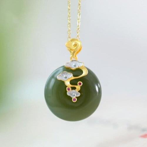 S925 Sterling Silver Gold Plated Natural Hetian Jade Gray Jade Safety Buckle Pendant Auspicious Cloud Walking Green Cloud Pendan