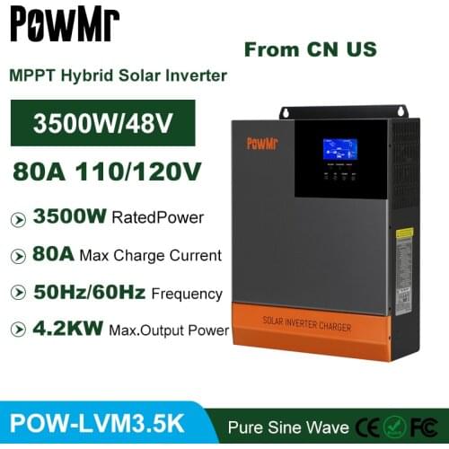 PowMr 3500W 110V 120V Out Put Solar Inverter Built-in 80A MPPT Solar Charger 48Vdc PV Max 145Vdc Pure Sine Wave Hybrid Inverter