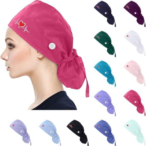 Working Scrub Cap With Button Sweatband Heart Print Adjustable Tie Back Elastic Bouffant With Sweatband Hat Head Scarf #W5