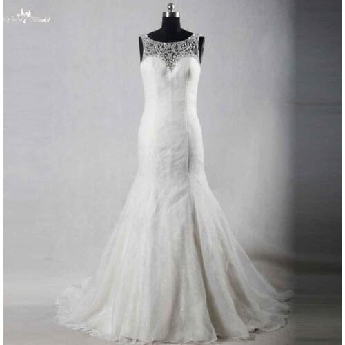 RSW1106 Boat Neckline Sexy Lace-Backless-Wedding-Dresses Beaded Mermaid Wedding Dress