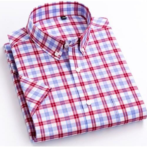 Summer Casual Standard-Fit Button-Down Plaid Stripe Shirt England Style Soft 100% Cotton Short Sleeve Shirts Single Patch Pocket