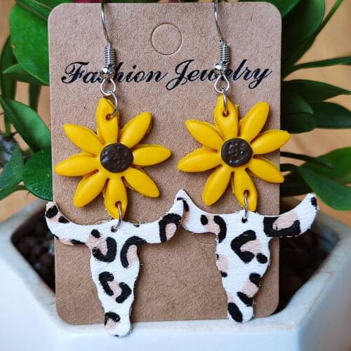 Handwork Polymer Clay Sunflower Genuine Leather Tauren Dangle Earrings New Original Design Jewelry Zebra Leopard Print Cowhide