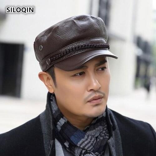SILOQIN Genuine Leather Hat Winter Mens First Layer Cowhide Military Hats Snapback Elegant Womans Flat Cap Leisure Tourism Hat