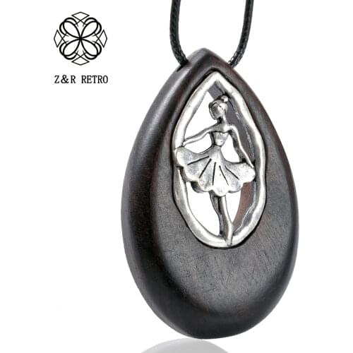 Dancing Girl Pendants Necklace Jewelry For Women Sandalwood Sweater Accessories Wood Fashion Elegant Hollow Decoration Wholesale