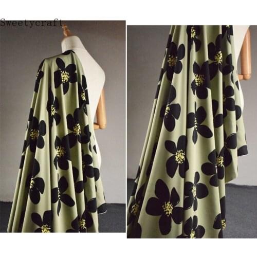 Mocha Green Big Flower Printed Plain Satin Chiffon Fabric DIY Sewing Spring Summer BabyShirt Skirt Dress Pants Womens Fabric