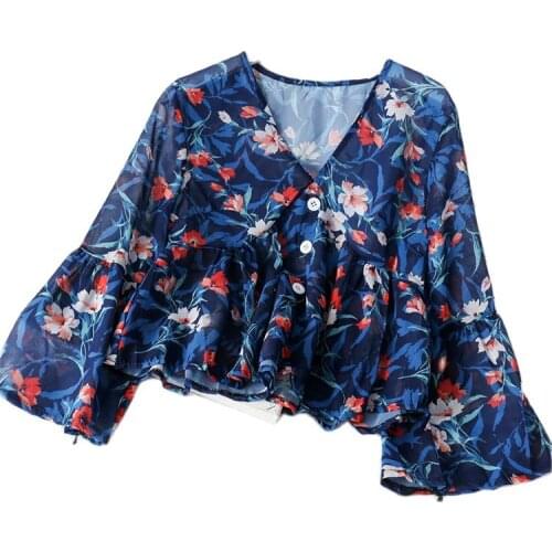 Abrini Women Flower Printed 2021Summer Blouse Buttoned Up Blouse Casual Long Sleeve Blouse Flare Sleeve Chiffon V-neck Loose Tee