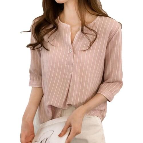 Women Shirt Summer Shirt vertical stripes 3/4 Sleeve Women Round Neck Loose Street wear Womens Clothing 2021