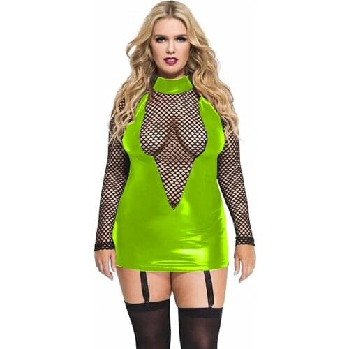 Goth Fishnet Leather pu Dresses Skinny Mesh Shiny Punk Harajuku Dress long Sleeve Party Vestido Nightclub Clubwear With Garter
