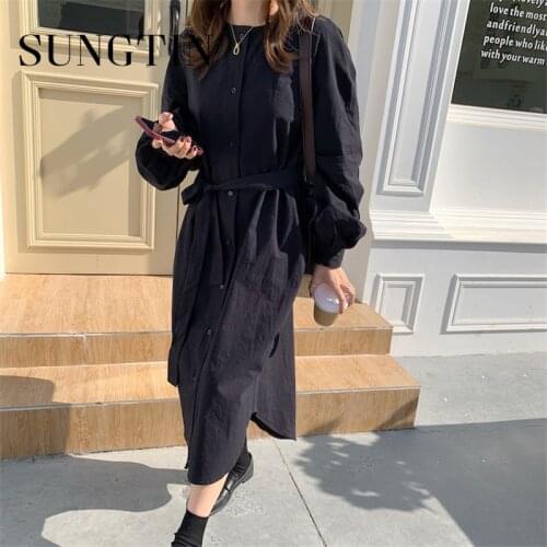 Sungtin New 2021 Spring Summer Women Black Shirt Dresses Loose Casual Fashionable Sashes Femele Single Breasted Dress Belt chic