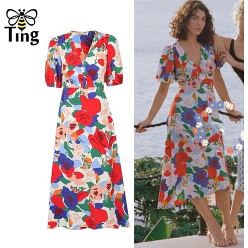 Tingfly Vintage France Street Chic Bright Color Floral Sexy Casual Dress V neck Summer Party Dinner Dress Aesthetic Vestiti Robe