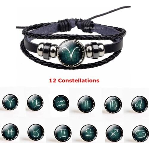 12 Zodiac Constellations Sign Fashion Aries Scorpio Virgo Leo Pisces Bracelet Leather with Beads Bangle Bracelets Boys Jewelry