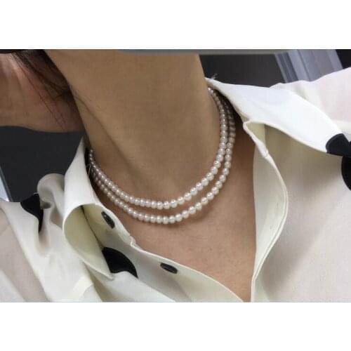 2 strands 6mm bright white real Pearl Handmade necklace natural Freshwater PEARL Women Jewelry 17'' 43cm 35cm