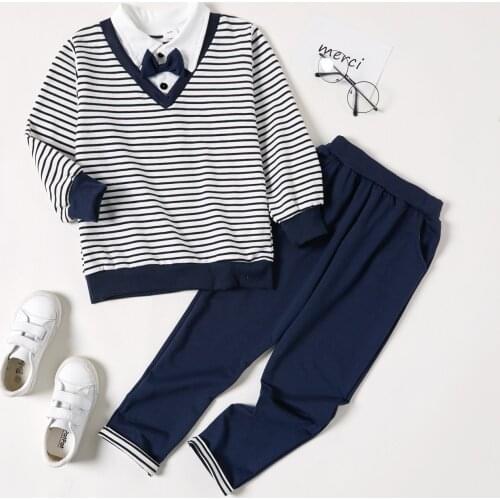 PatPat 2-piece Kid Boy Stripe Faux-two Lapel Collar Top with Bow tie and Elasticized Pants with Pocket Set