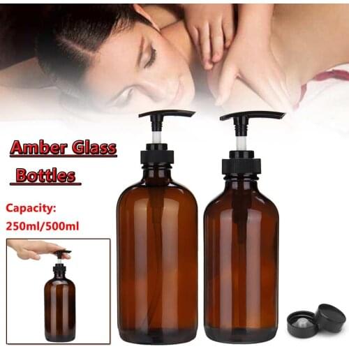 250/500ml Liquid Soap Dispensers with Pump for essential oils homemade lotions round amber glass bottles