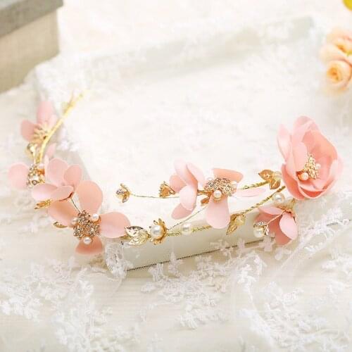 FORSEVEN Pink Flower Pearl Tiaras Hair Jewelry Handmade Rhinestone Bead Headband Headpiece Women Wedding Hair Accessories JL