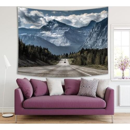 Tapestry Road to the Great Mountain Cloudy Sky Pine Trees Forest Nature Landscape Photo Green Gray