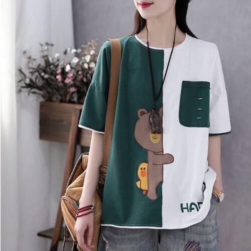 Cotton Summer Artistic Short-Sleeved T-shirt Womens Loose Casual Large Size All-match Half-Sleeve Ripped Stitching Top