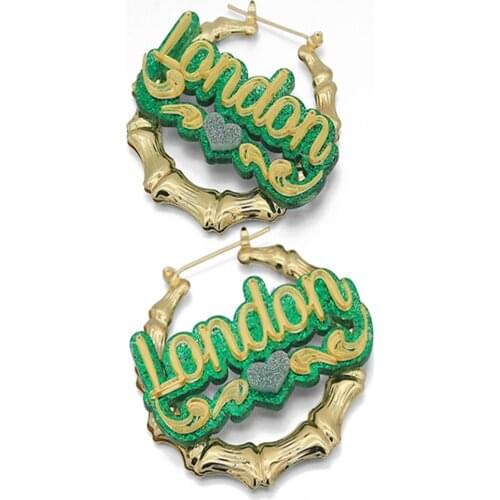 Noelia Personalized Custom Name Earrings Exaggerated Big Bamboo Letter Rhinestone Name Earring Acrylic Bamboo Hoop Earrings