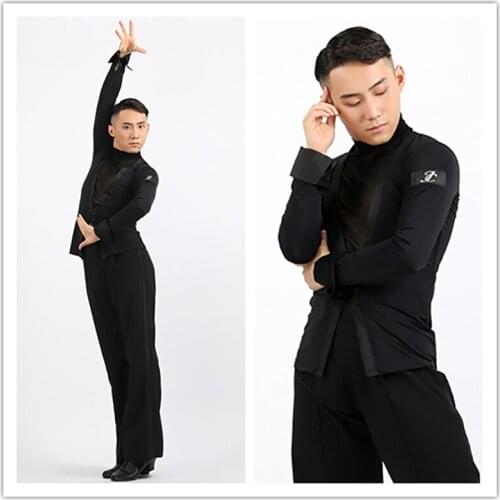 Latin Dance Costumes Practice Clothes MenS Black Long Sleeve Shirts Chacha Samba Tango Latin Dance Competition Clothes SL2630