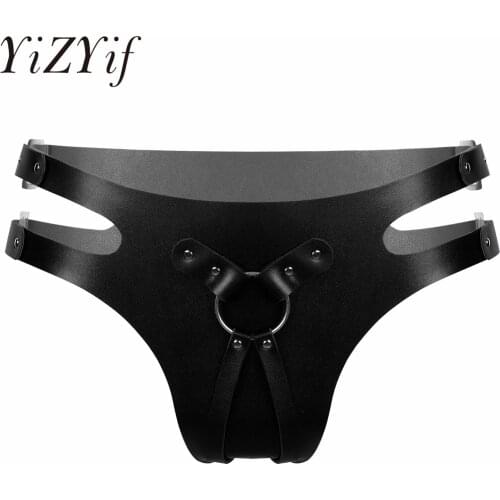 Leather Men Underwear Briefs Metal Buckles PU Leather Briefs Penis Rivets O-Ring Lingerie Underwear Sissy Sexy Gay Male Panties