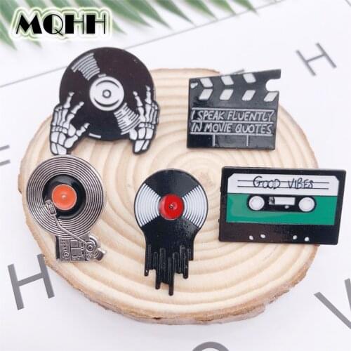Creative Music Vintage CD Tape Movie Pause Skeleton Enamel Brooch GOOD VIBES Geometry Badge Denim Shirt Bag Pin Rock Jewelry